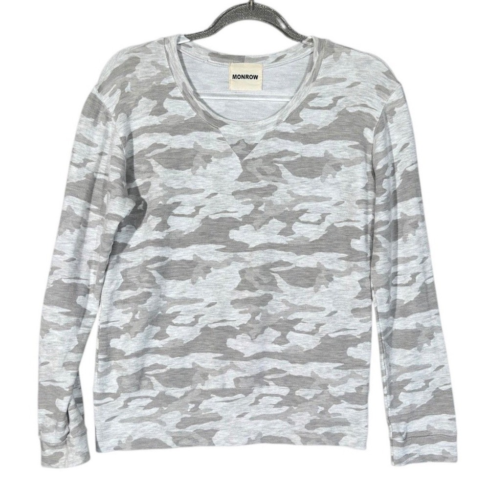 MONROW Pullover Sweatshirt Womens S Gray Camo Long Sleeve French Terry Crewneck